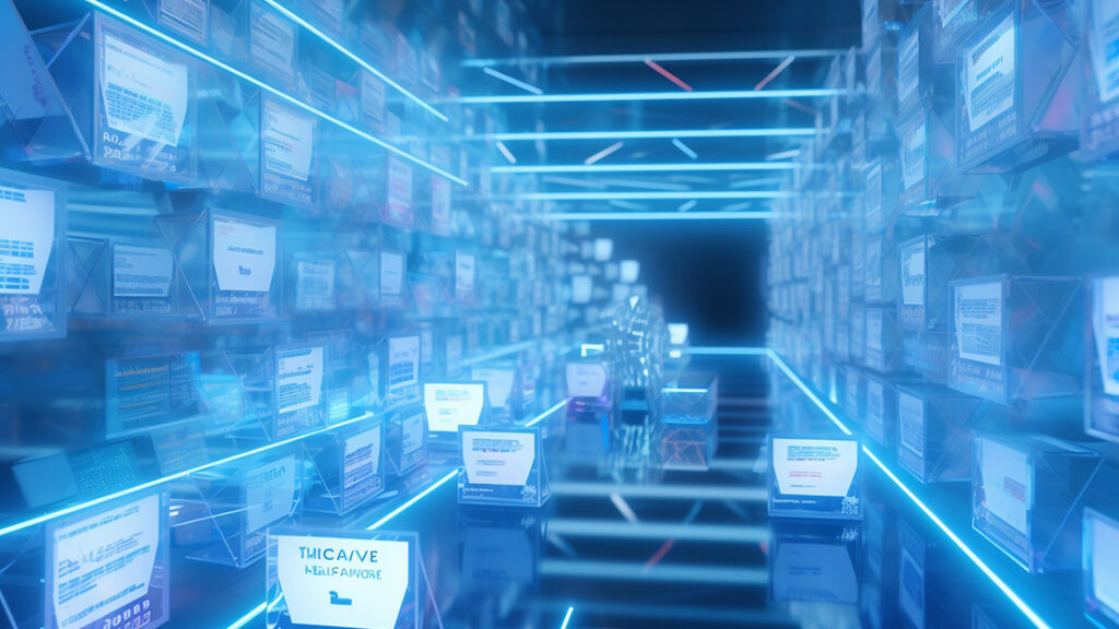 Pantallas holográficas que muestran datos, simbolizando la gestión de la memoria swap en un sistema operativo avanzado.